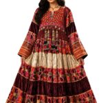 Luxury Handmade Afghan Kuchi Velvet Dress with Traditional Kuchi Headpiece (Kuchi Cap) – Burgundy Red & Gold Embroidered Maxi Dress
