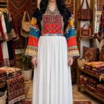 White Traditional Afghan Dress with Multicolor Embroidered Bodice – Handmade Kuchi Dress