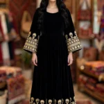 Black Bakhmal Afghan Dress – Charma-Dozi Embroidered Sleeves & Hem